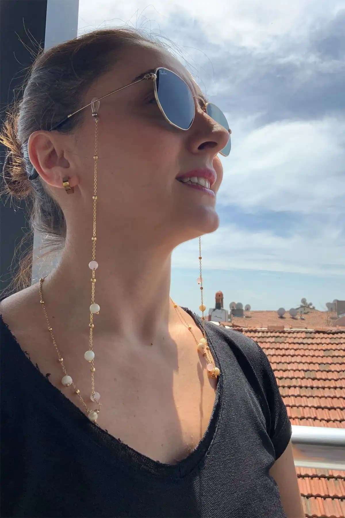 Natural Jewelleryy Sedef ve Pembe Kuvars Gözlük Zinciri Şık ve Dayanıklı Tasarım