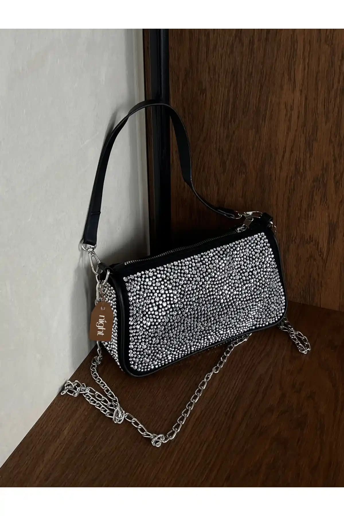 Night Taşlı Model Siyah Kadın El ve Omuz Çantası Şıklık ve İşlevselliğin Buluşması