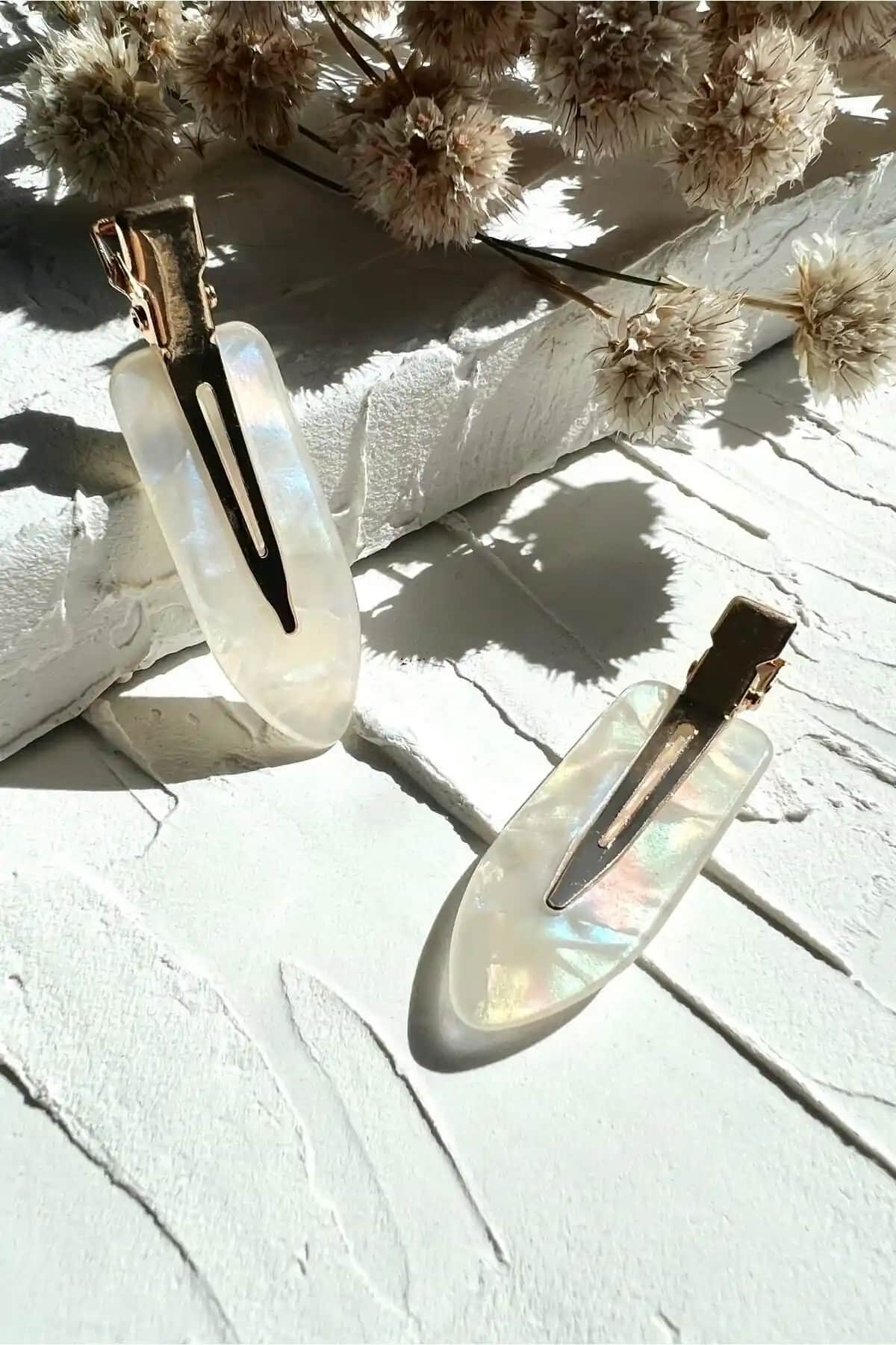 ODESE DESIGN 2'li İz Yapmayan Beyaz Sedef Tokası Seti Modern ve Şık Tasarım