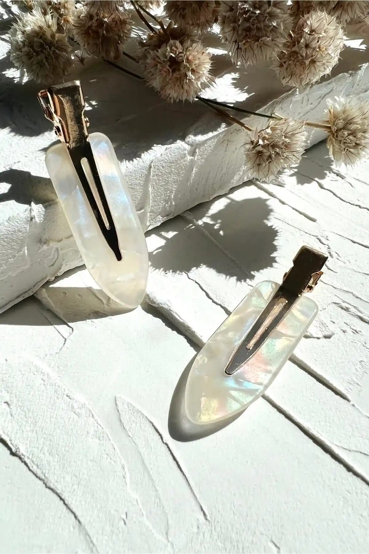 ODESE DESIGN 2'li İz Yapmayan Beyaz Sedef Tokası Seti Modern ve Şık Tasarım