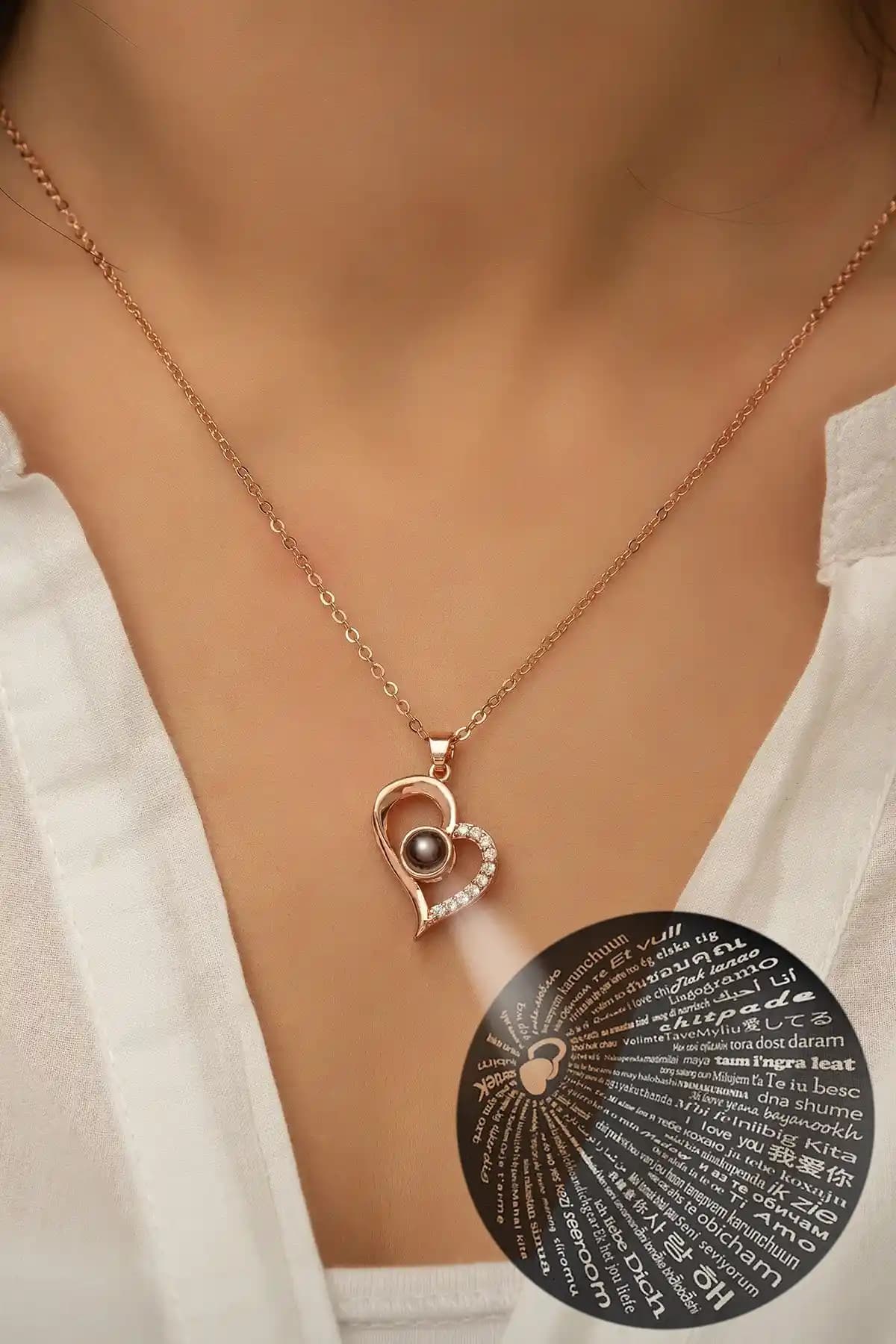 Papatya Silver 100 Dilde Seni Seviyorum Yazılı Gümüş Rose Gold Kaplama Kolye