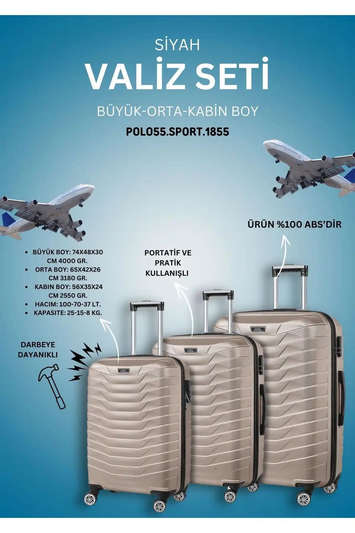 Polo55 Sport 1855 %100 ABS Altın Renkli Valiz Seti Günlük ve Seyahat Kullanımı İçin