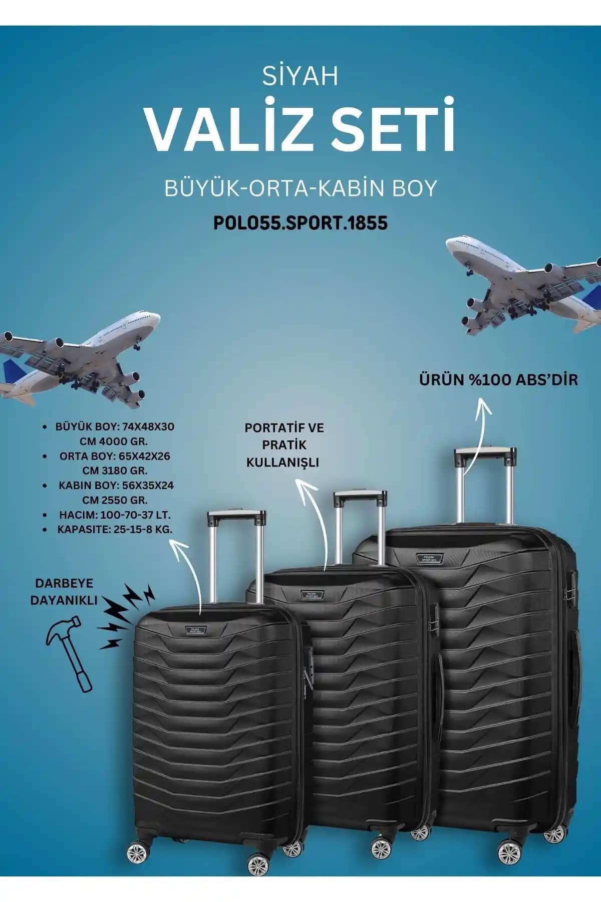 Polo55 Sport 1855 ABS Üçlü Siyah Valiz Seti Dayanıklı ve Şık Seyahat Çözümleri