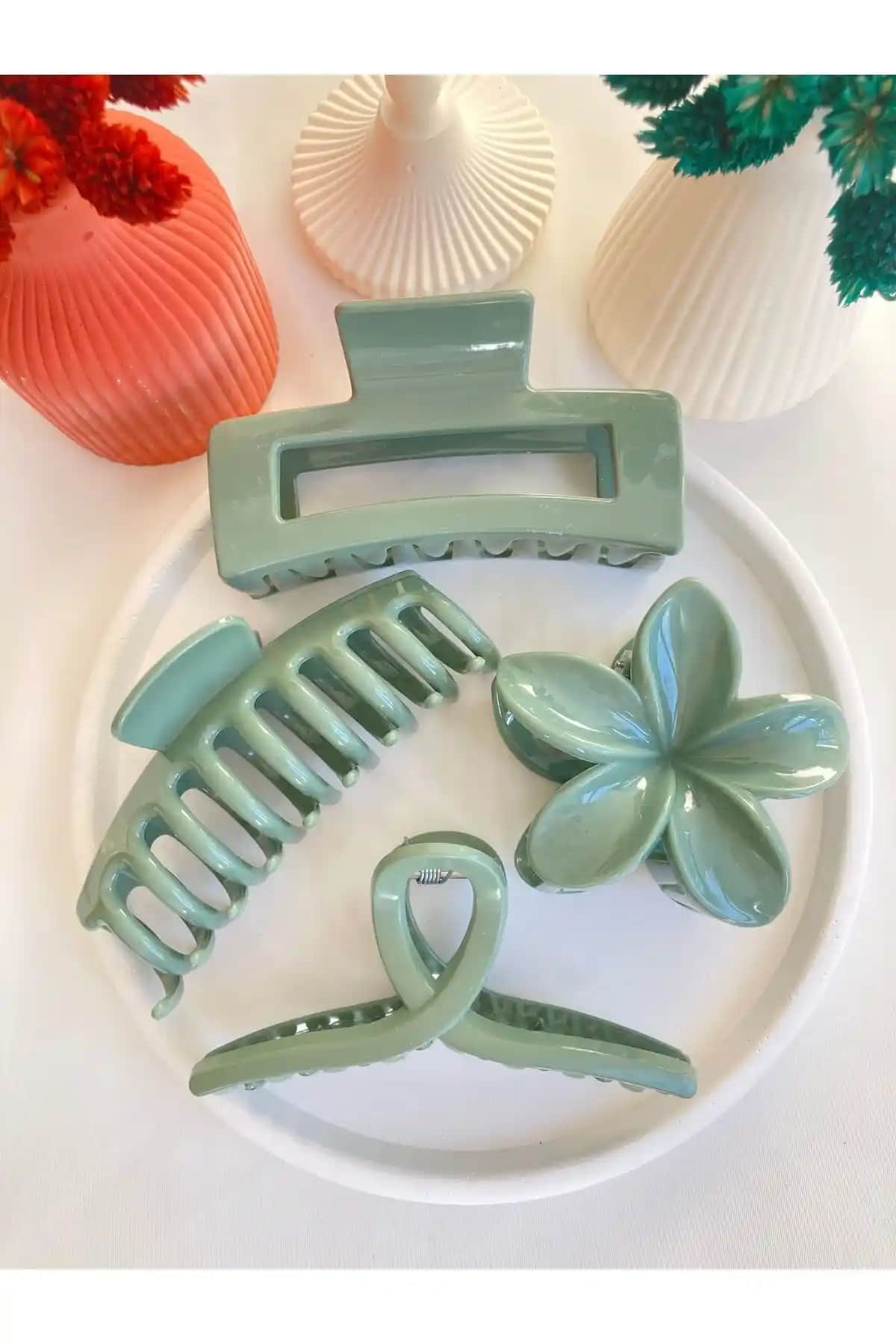 PREGIO Kadın 4’lü Büyük Boy XL Tırmık Kare Lotus ve Fiyonk Mandal Toka Seti