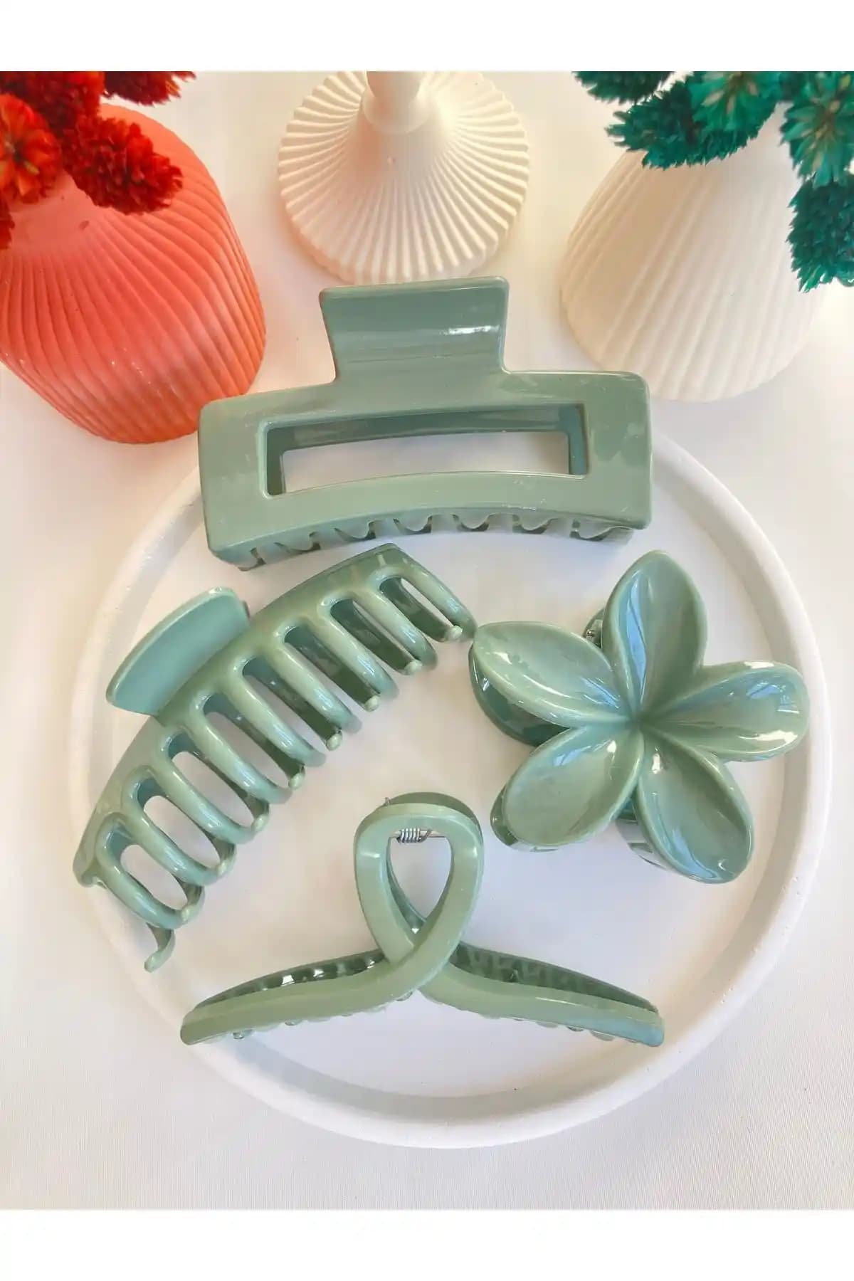 PREGIO Kadın 4’lü Büyük Boy XL Tırmık Kare Lotus ve Fiyonk Mandal Toka Seti