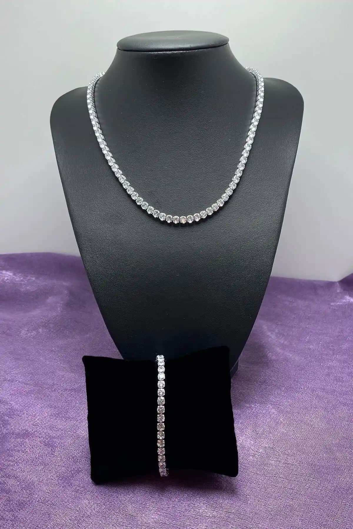 Ressia Kadın Gümüş Rengi Su Yolu Zirkon Kolye ve Bileklik Seti Günlük ve Özel Kullanım İçin