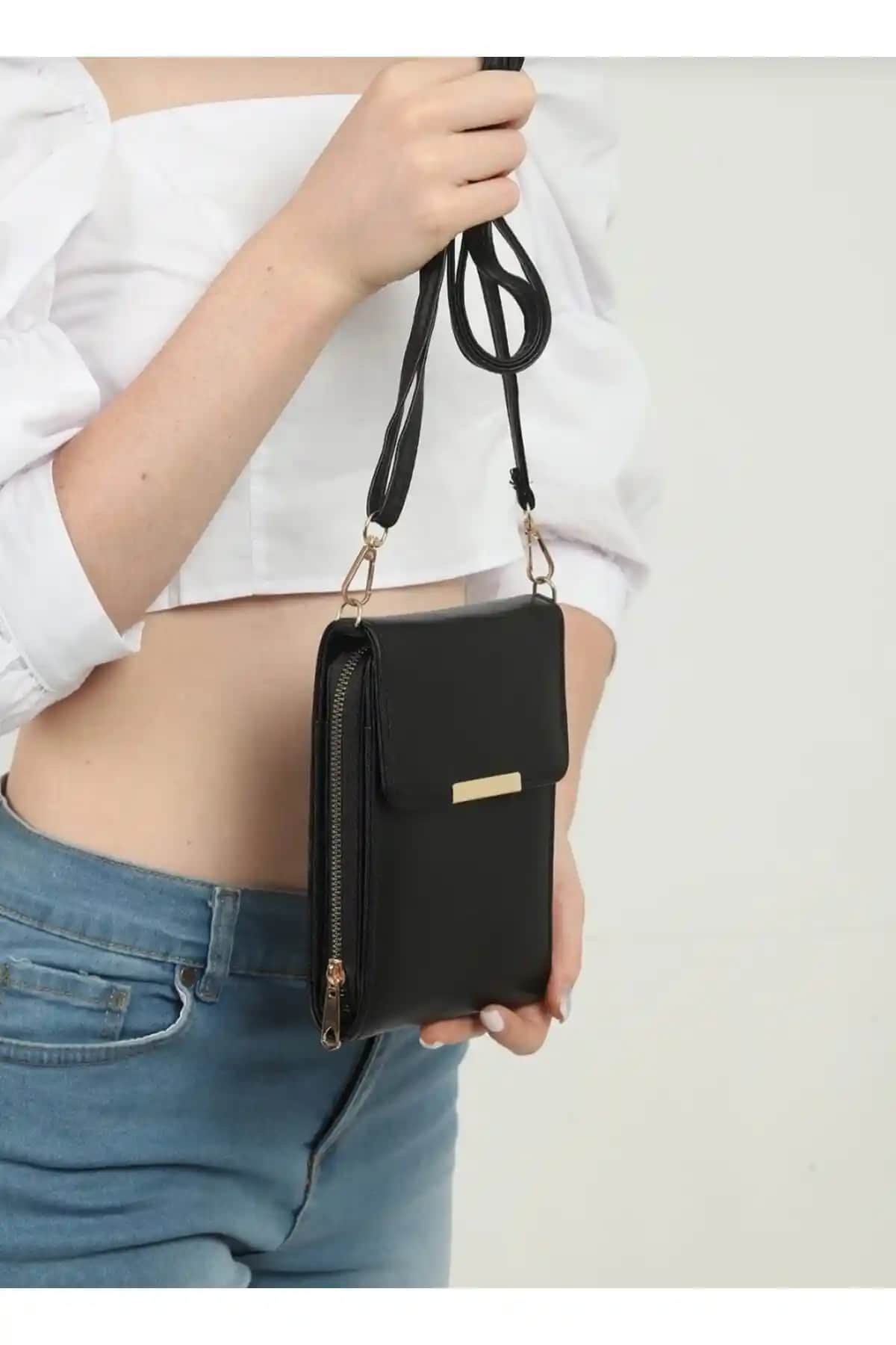 Selma Demir Castel Kadın Siyah Çapraz Askılı Telefon Bölmeli Günlük Çanta