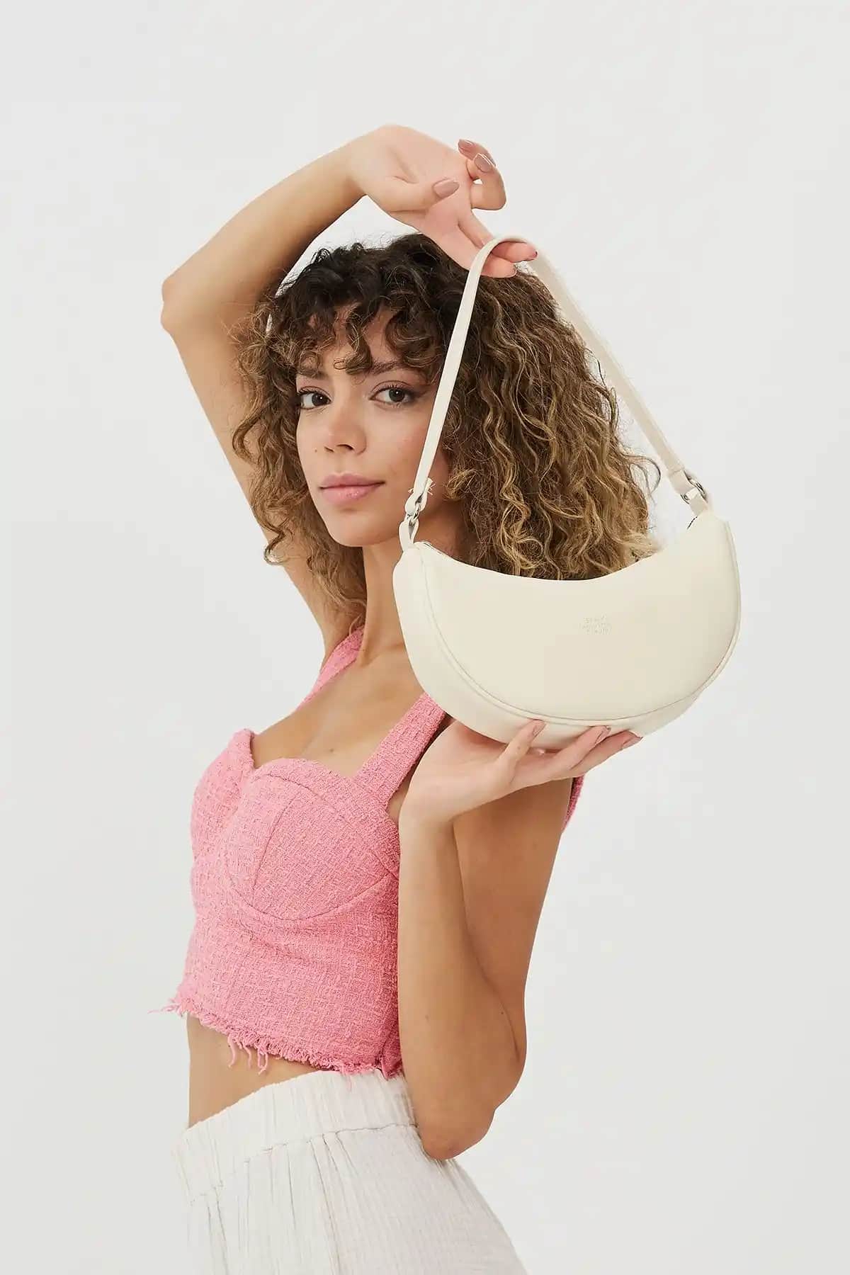 Shaka Krem Tek Bölmeli Suni Deri El ve Omuz Çantası Günlük Kullanım İçin Uygun