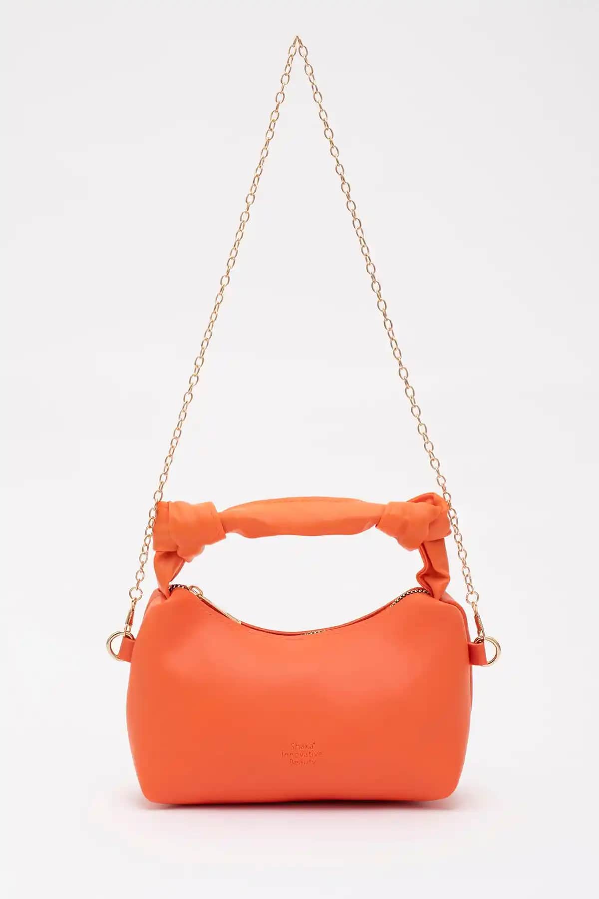 Shaka Turuncu Soft Deri Düğüm Detaylı Zincir Askılı El ve Omuz Çantası