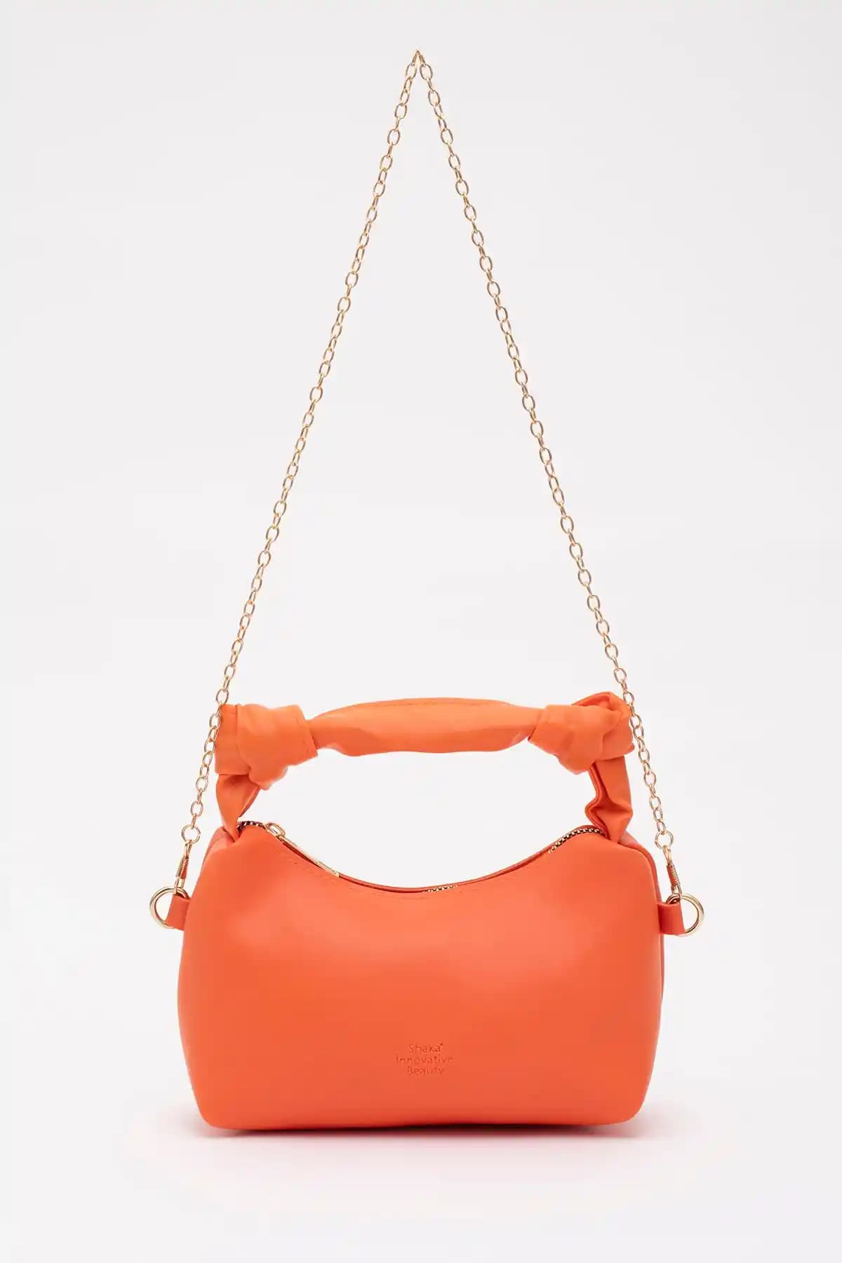 Shaka Turuncu Soft Deri Düğüm Detaylı Zincir Askılı El ve Omuz Çantası