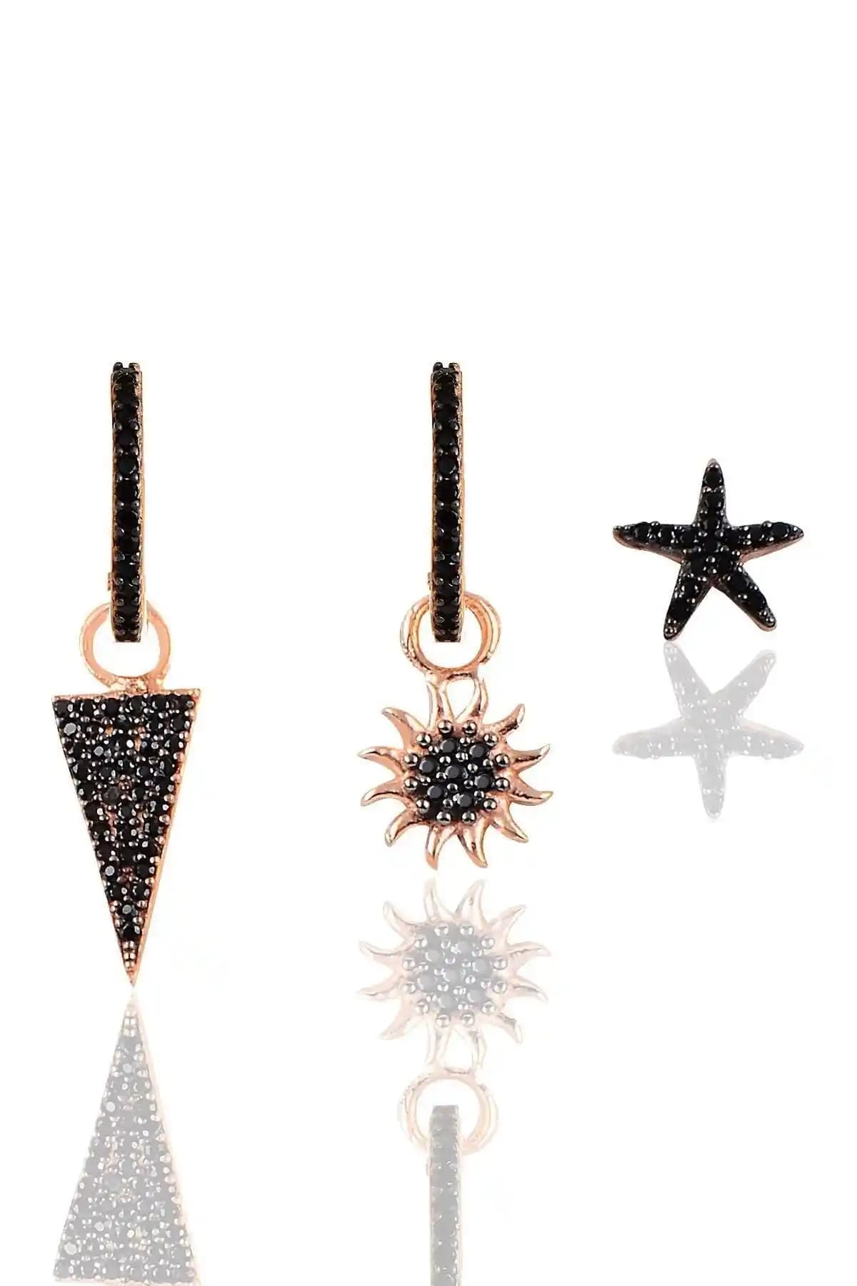 Söğütlü Silver Gümüş Rose Onix Taşlı Piramit Üçlü Küpe Seti Modern ve Şık Tasarım