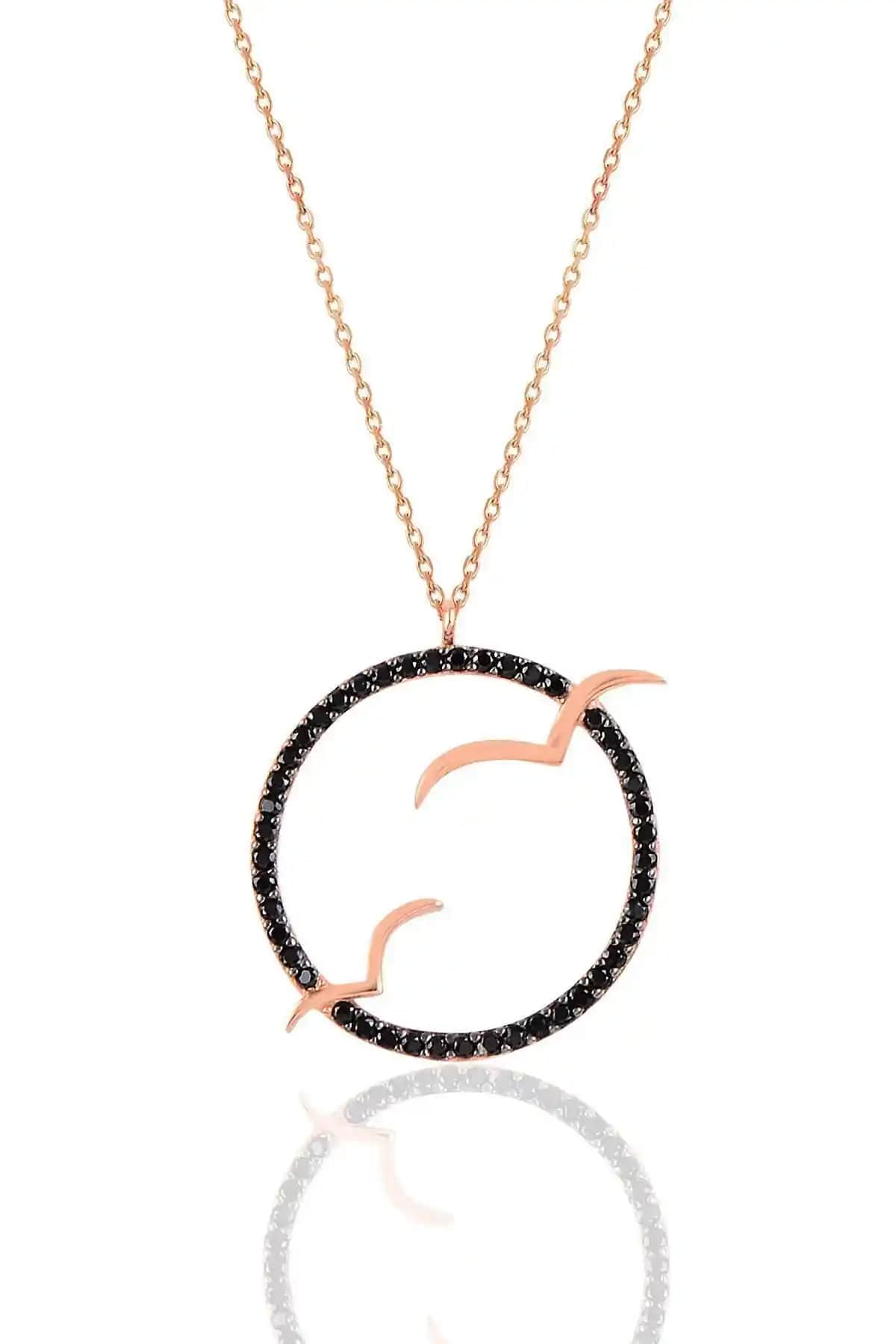 Söğütlü Silver Gümüş Rose Siyah Taşlı Ikili Martı Kolye Modern ve Şık Tasarım