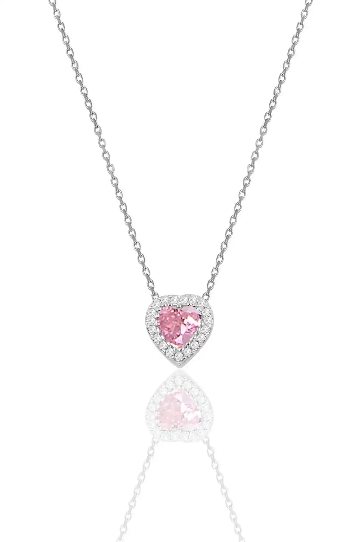 Söğütlü Silver Kalp Kolye Modelleri Pembe Zirkon ve Safir Taşlı Tasarımlar