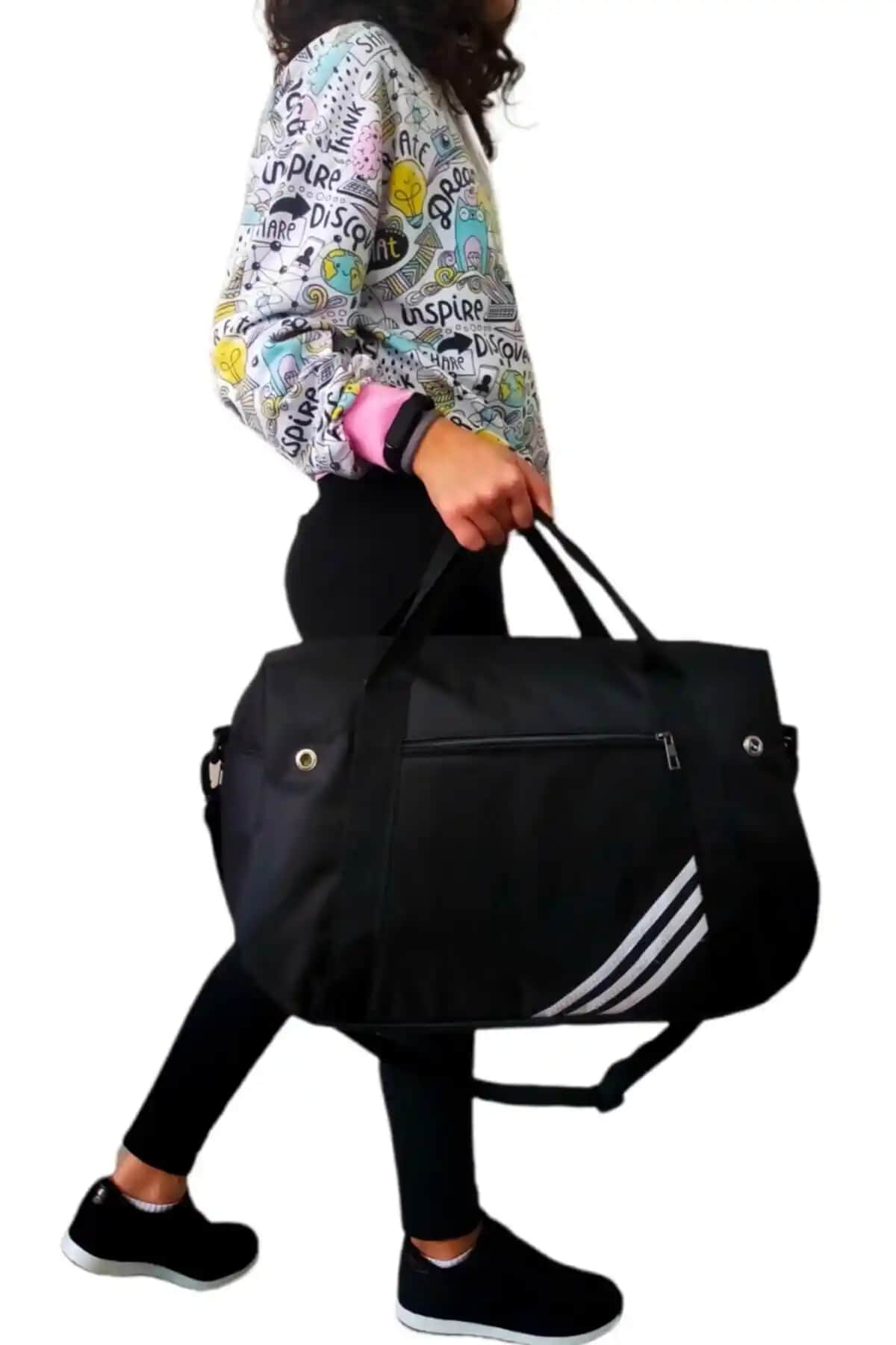 SYM SARAÇ Siyah Büyük Üç Çizgili Spor ve Seyahat Çantası Modern ve Dayanıklı Tasarım