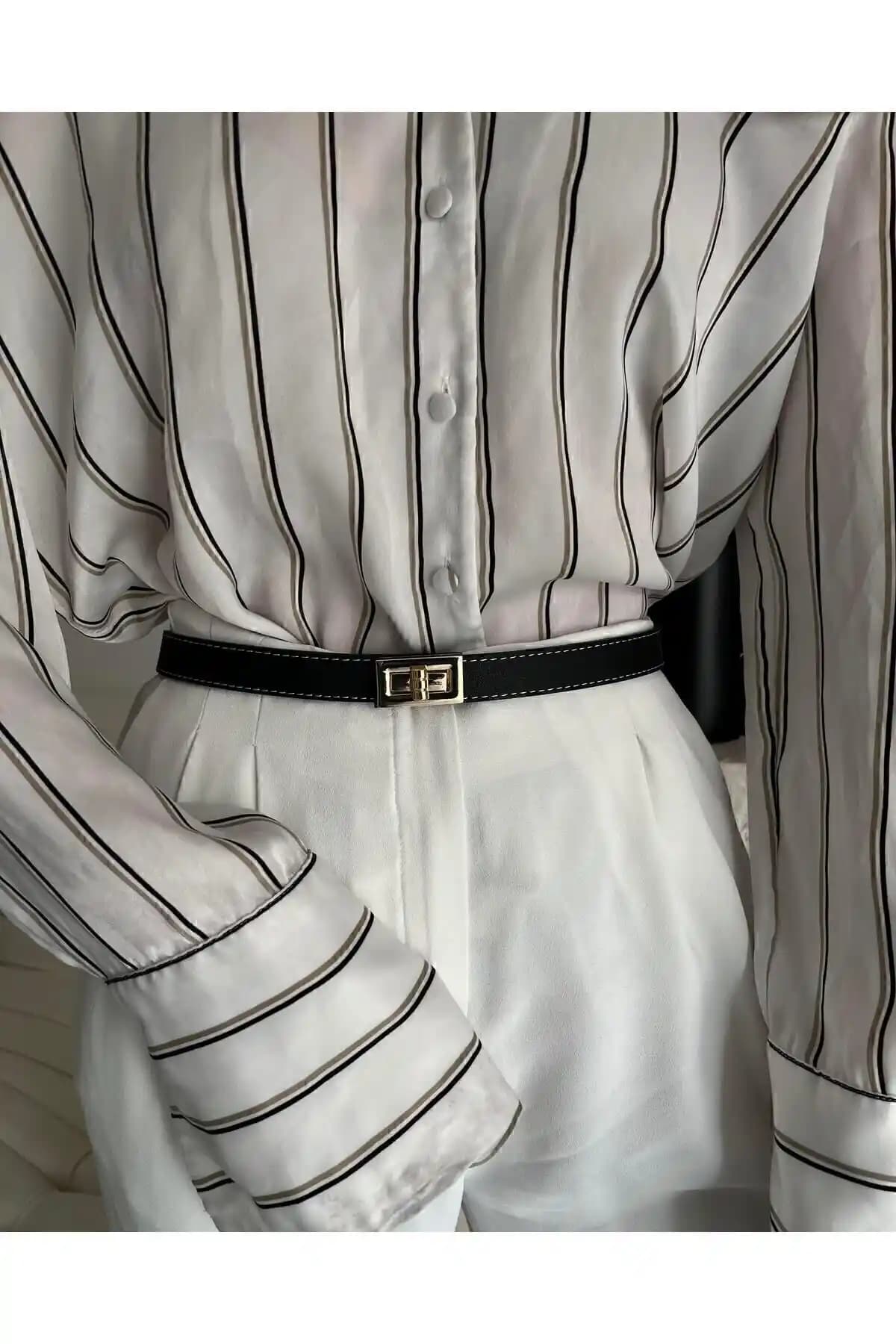 Tina Dikişli Gold Tokalı Siyah Kemer 2,5cm - Şık ve Dayanıklı Aksesuar