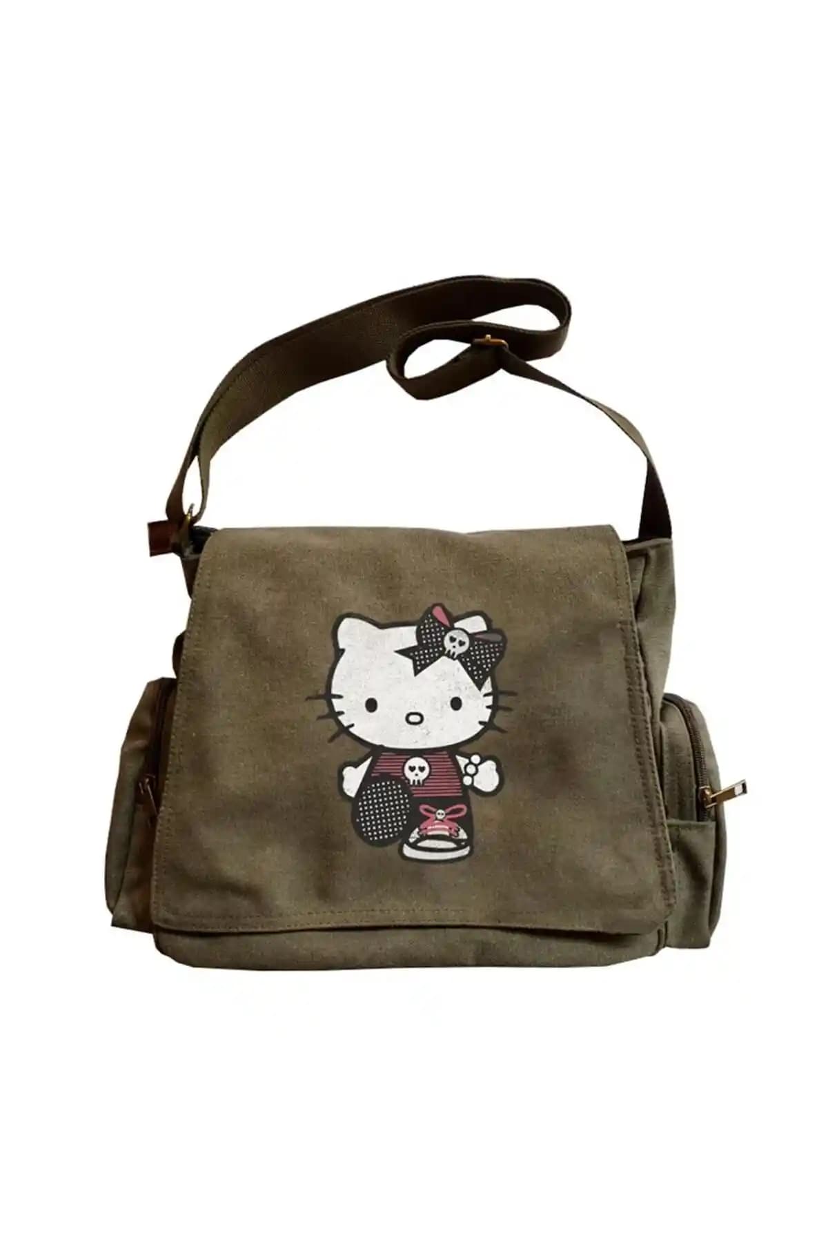 Toum Hello Kitty Goth Baskılı Yeşil Unisex Postacı Çantası Günlük Kullanım İçin Uygun