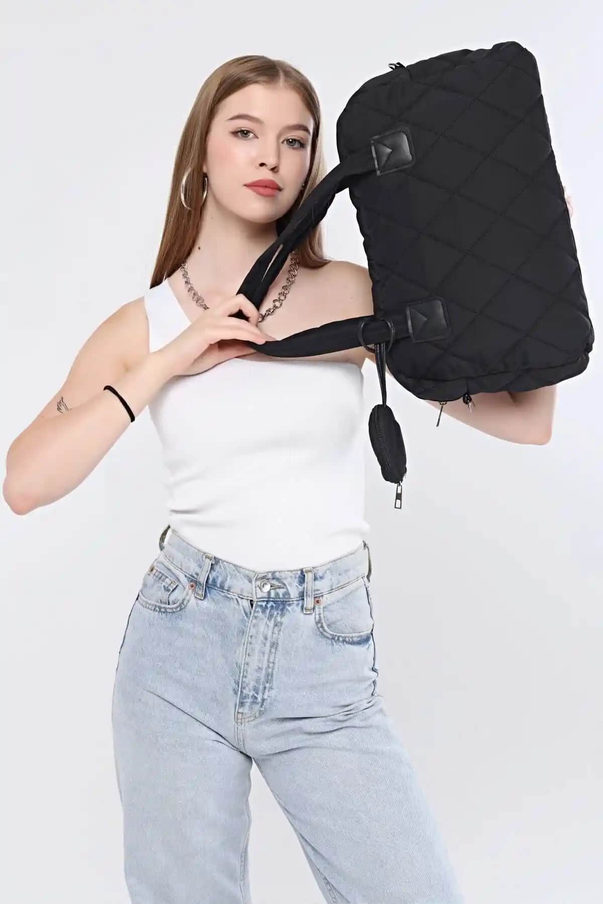 UK BAGS Kadın Omuz Çanta Siyah Baklava Desenli Günlük Kullanım İçin Tasarlandı