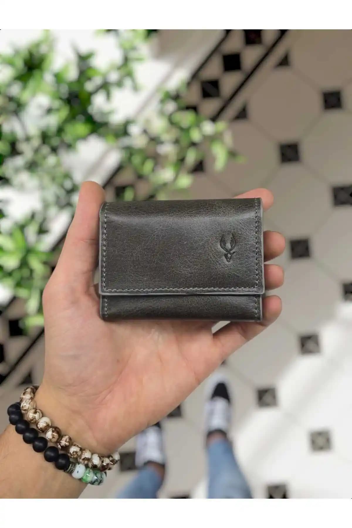Visso Leather Hakiki Deri Gri Kredi Kartlık Akordeon Çanta - Şık ve Fonksiyonel Tasarım