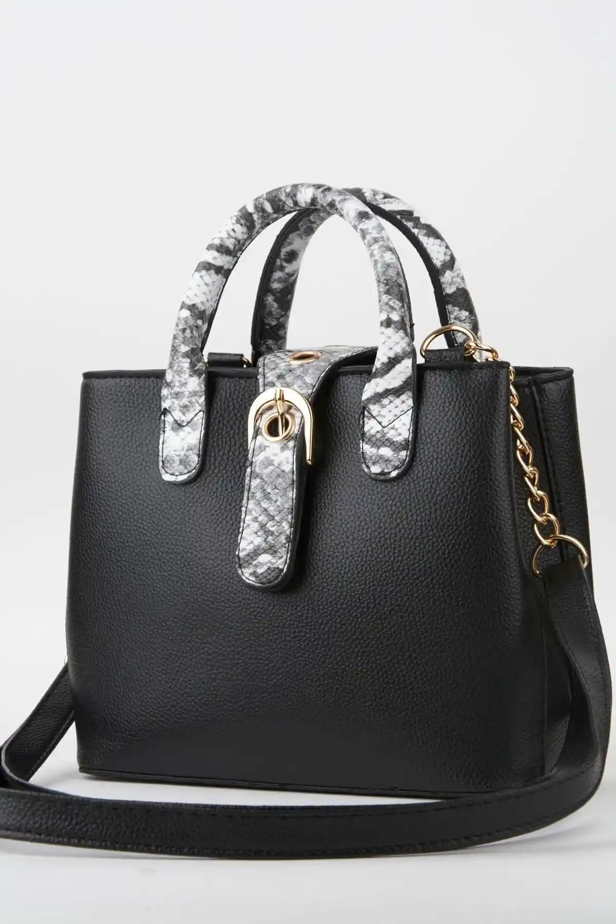 Vivaq Siyah Suni Deri Yılan Desenli Kadın Askılı Çanta Günlük ve Gece Kullanımı İçin
