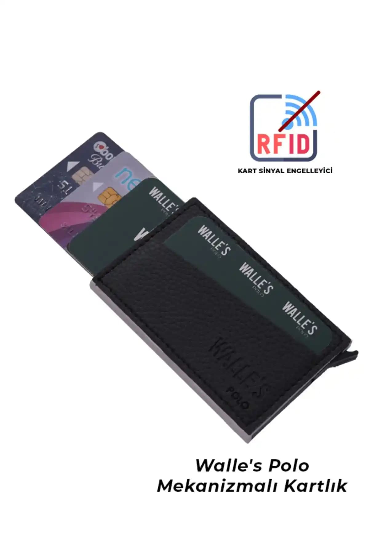Walle's Polo Siyah Deri RFID Korumalı Otomatik Mekanizmalı Kartlık - Şık ve Pratik Tasarım