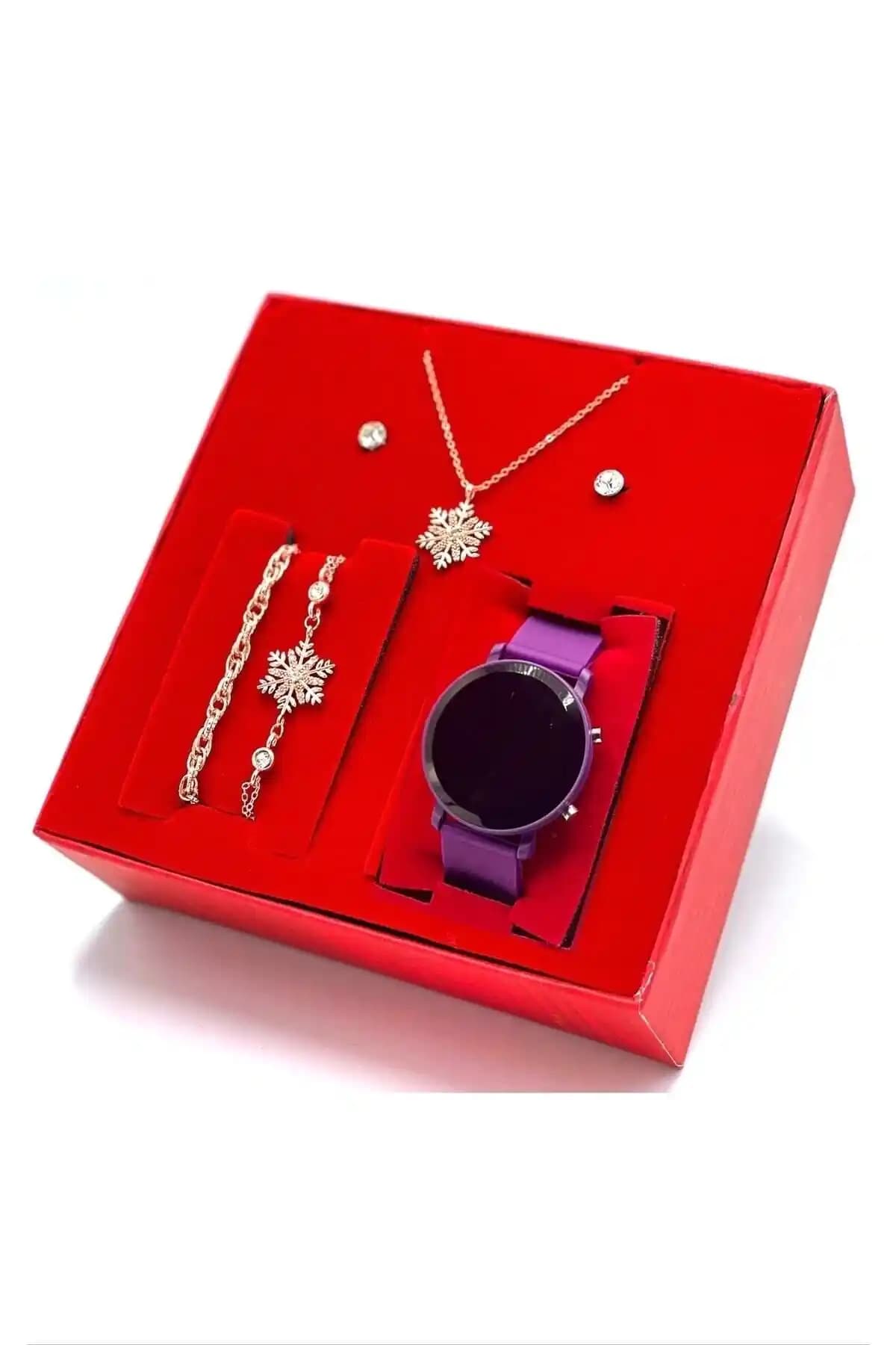 Wesscollection kadın su geçirmez otomatik mekanizmalı mor saat ve takı seti