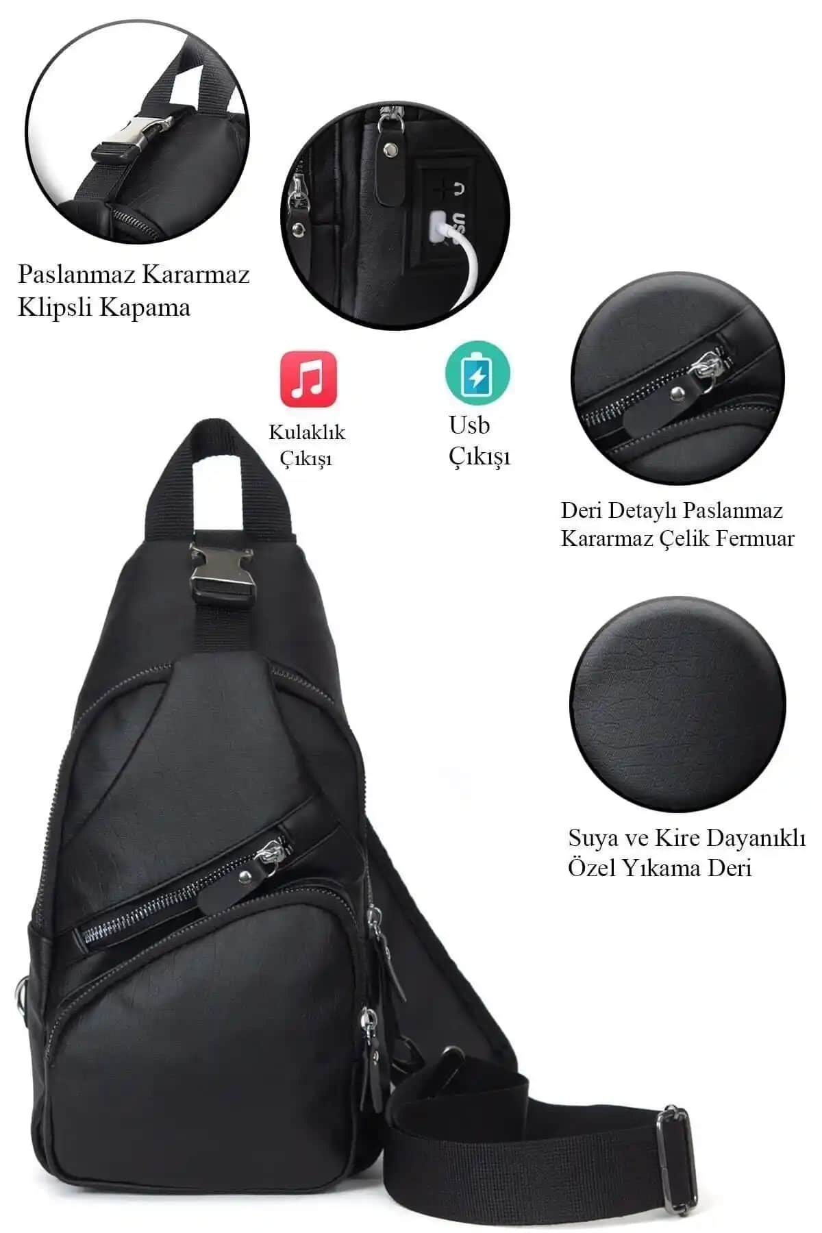 Yeni Nesil Yıkama Deri USB Girişli Çapraz Çanta Modern ve Fonksiyonel Tasarım