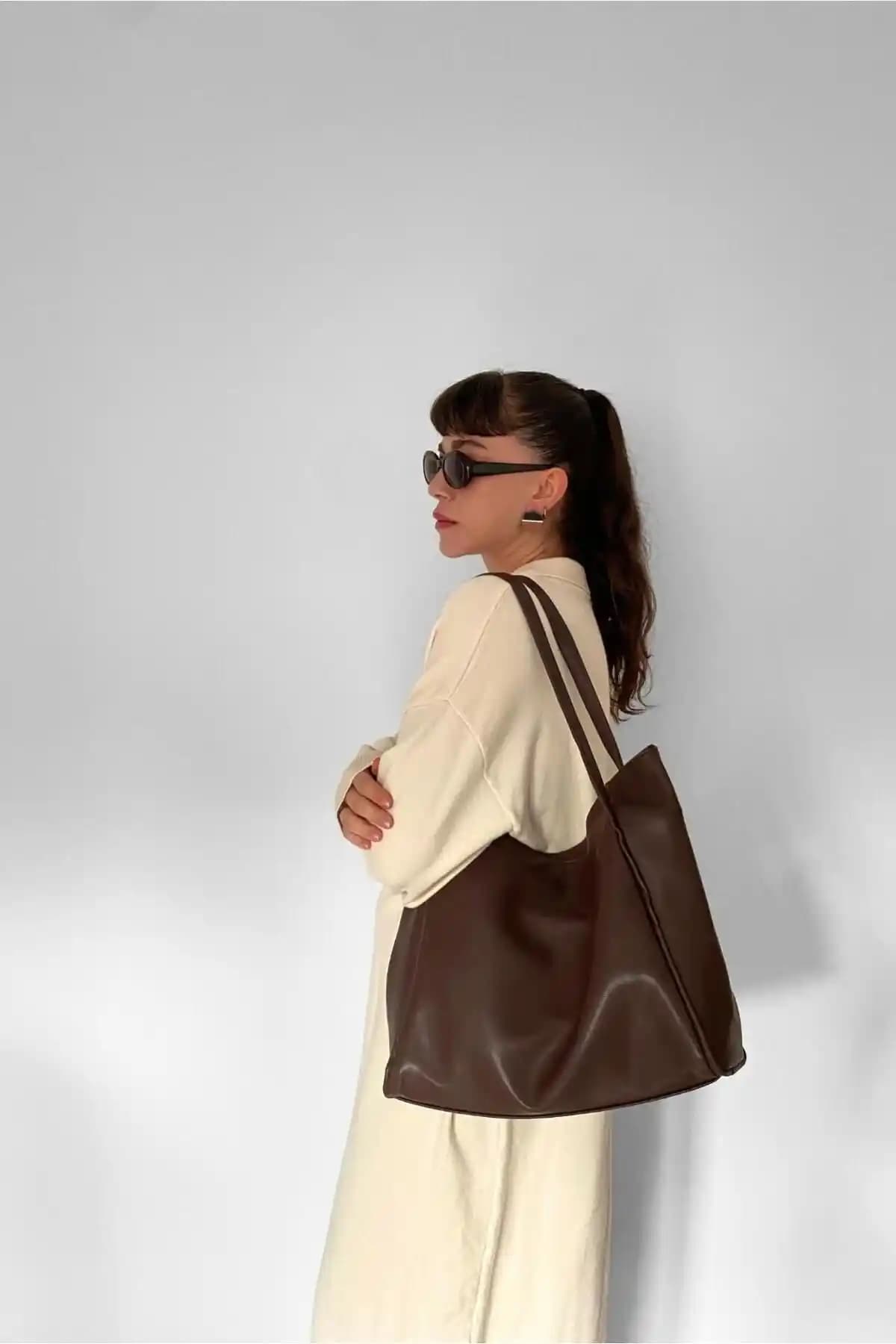 Yuka Atelier Nou Kahverengi Büyük Boy Kadın Shopper Çanta Günlük ve Şık Kullanım İçin