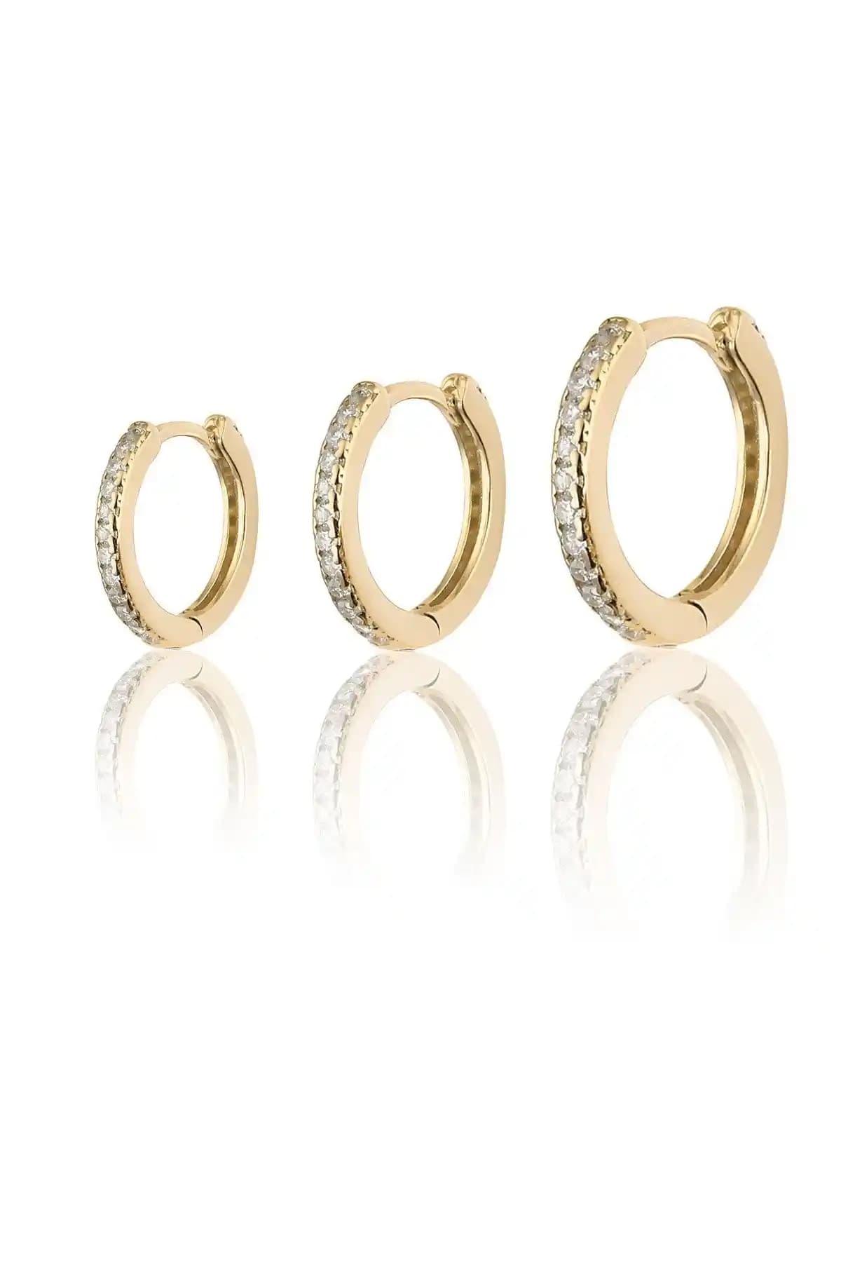 Zanaatsilver 925 Ayar Gümüş ve 14K Altın Kaplama Tam Tur Zirkon Taşlı 3'lü Küpe Seti