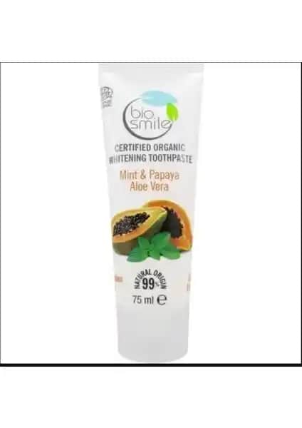 Biosmile Organik Sertifikalı Beyazlatıcı Diş Macunu Papaya Nane Aloe Vera Doğal Ağız Bakımı