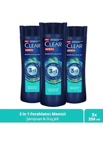 Clear Men 3 In 1 Şampuan ve Duş Jeli Ferahlatıcı Mentol ile Erkekler İçin Pratik Temizlik Çözümü