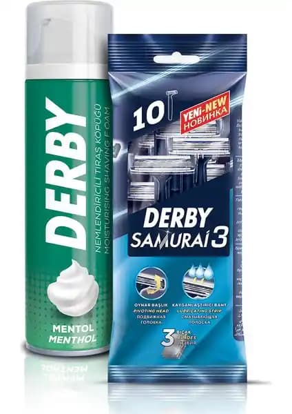 Derby Samurai 3 Bıçaklı Tıraş Poşetleri ve Mentollü Tıraş Köpüğü Seti 10'lu Paket