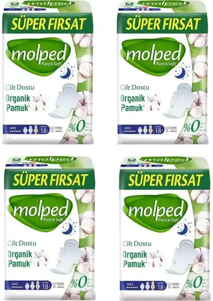 Molped Pure Soft Gece Hijyenik Ped 18'li Yumuşak ve Yüksek Emicilikli Güvenli Ped