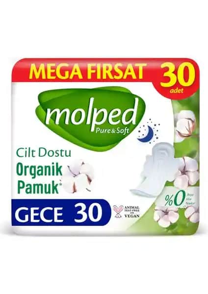 Molped Pure&Soft Gece Hijyenik Ped Mega 30 Adet Yüksek Emicilik ve Konfor Sağlar