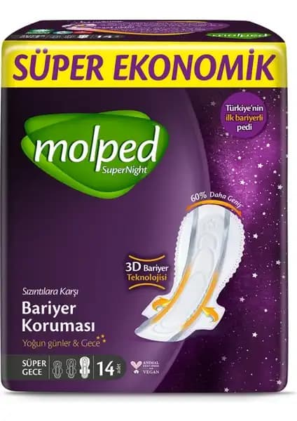Molped Supernight 14'lü hijyenik ped ile gece konforunuzu artırın ve sızıntıları önleyin