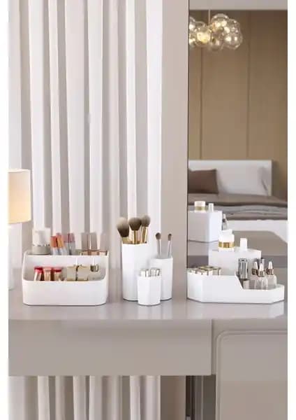 Apexel Makyaj Organizer Düzenleyici Fırçalık 3'lü Set Beyaz Modern ve Şık Tasarım