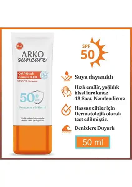 Arko Suncare SPF50+ Yüz Güneş Kremi Güçlü Koruma ve Hızlı Emilim Özelliğiyle
