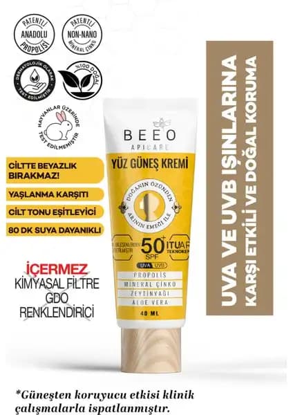 BEE'O Apicare Propolisli Yüz Güneş Kremi 40 ml - Doğal Koruma ve Cilt Bakımı İçin Uygun