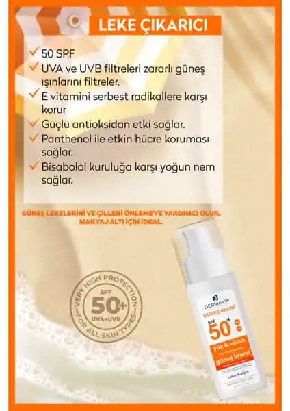 Dermavia SPF 50 Güneş Kremi Yüz ve Vücut Koruma Leke Karşıtı Formül ile Güçlü Koruma