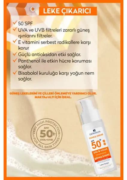 Dermavia SPF 50 Güneş Kremi Yüz ve Vücut Koruma Leke Karşıtı Formül ile Güçlü Koruma
