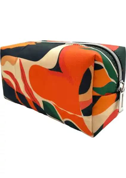 Differ Studio Yaprak Desenli Turuncu Su Geçirmez Çok Amaçlı Kalemlik ve Makyaj Çantası