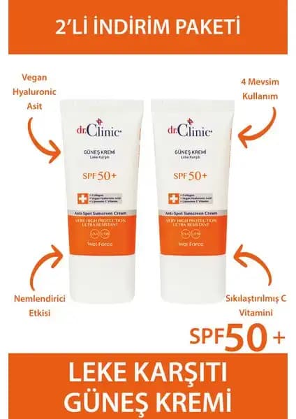 Dr. Clinic Güneş Koruyucu Krem 50+ 2'li 40 ml yüksek UVA ve UVB koruma sağlayan leke karşıtı ürün