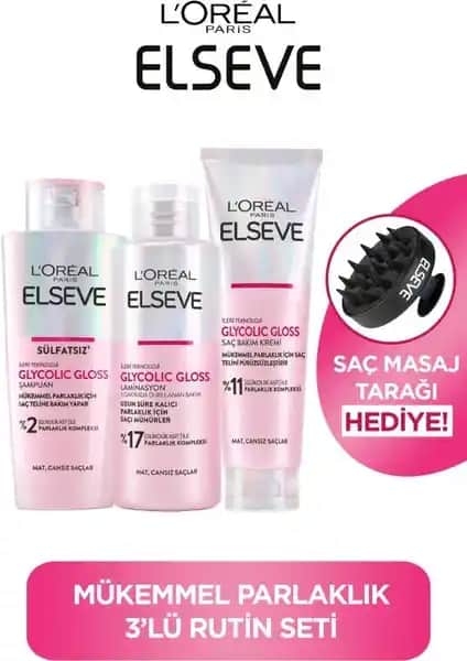 Elseve Glycolic Gloss Mükemmel Parlaklık 3'lü Saç Bakım Seti Normal Saçlar İçin Parlaklık ve Sağlık Sağlayan Ürünler