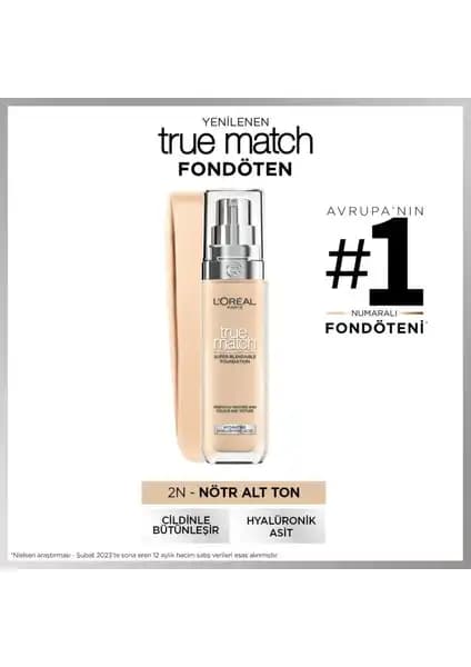 L'Oréal Paris True Match Bakım Yapan Fondöten 2N Nötr Alt Ton Entegre Bakım Özelliği