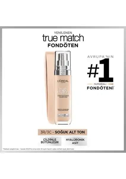 L'Oréal Paris True Match Bakım Yapan Fondöten 3C Soğuk Alt Ton, Doğal ve Uzun Süre Dayanıklı Kullanım