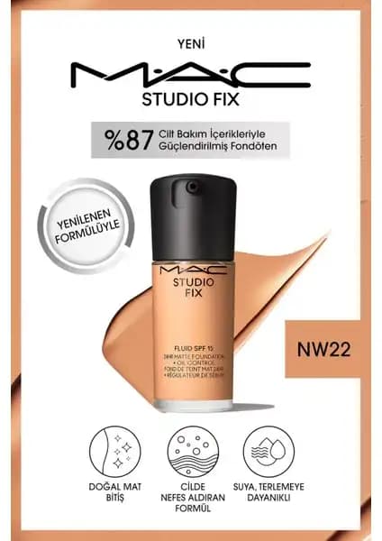 MAC Studio Fix Fluid SPF 15 ile doğal mat görünüm ve yüksek kapatıcılık sağlayan fondöten