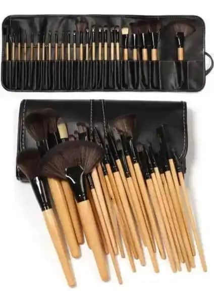 Makyaj Profesyonelleri ve Tutkunları İçin 24 Parçalık Bambu Saplı Deri Çantalı Fırça Seti