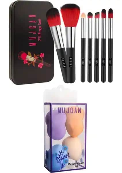 Makyaj ve Güzellik Setleri için MUJGAN 4'lü Sünger ve 7'li Fırça Seti Siyah