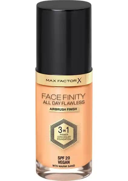 Max Factor Facefinity All Day Flawless Fondöten 70 Warm Sand doğal görünüm ve uzun süre dayanıklılık sağlar