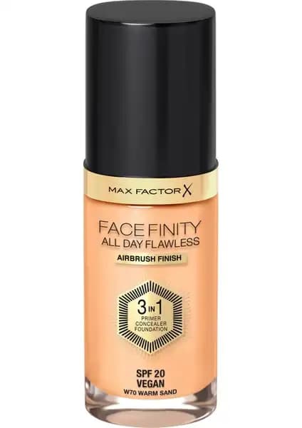 Max Factor Facefinity All Day Flawless Fondöten 70 Warm Sand doğal görünüm ve uzun süre dayanıklılık sağlar