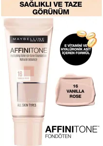 Maybelline Affinitone Fondöten 16 Vanilla Rose doğal ve uzun süre kalıcı makyaj için uygun